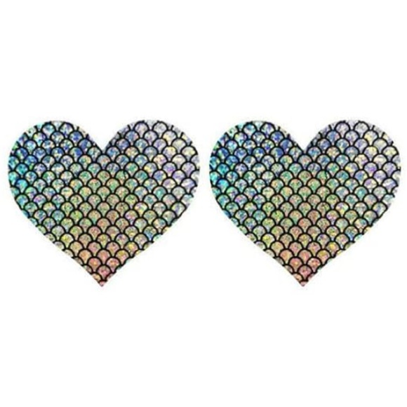 Holographic Glittery Rainbow Fish Scale Heart Breast Petal Pasties - Picture 4 of 4